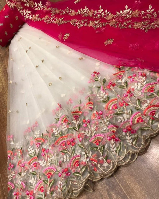 Surpassing Off White Color Cut Thread Zari Work Organza Lehenga Choli