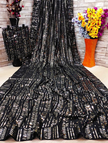 Wedding Wear Black Color Fancy Full Sequence Work Georgette Designer Saree Blouse