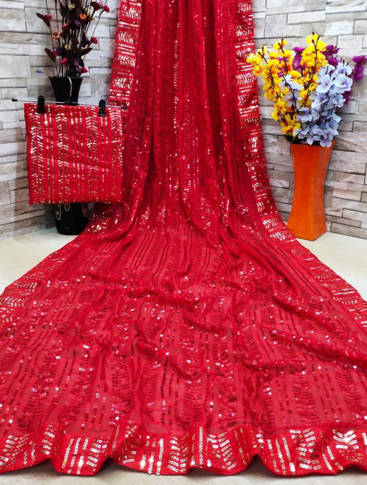 Red Color Party Wear Georgette Full Sequence Work Designer Saree Blouse