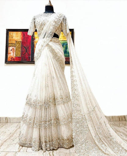 Party Wear White Color Amazing Georgette Embroidered Pearl Work Saree Blouse
