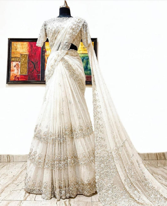 Party Wear White Color Amazing Georgette Embroidered Pearl Work Saree Blouse