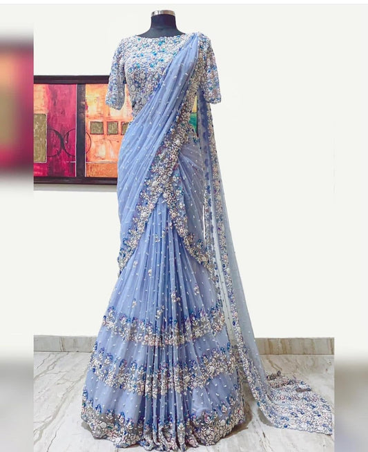 Blue Color Embroidered Pearl Work Georgette Designer Saree Blouse