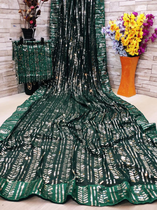 Dark Green Color Festival Wear Georgette Fancy Full Sequence Work Designer Saree Blouse