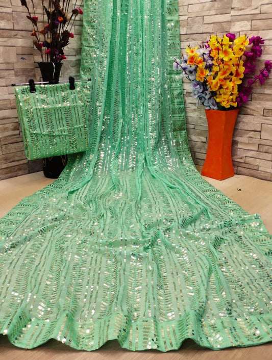 Sea Green Color Designer Georgette Fancy Sequence Full Work Party Wear Designer Saree Blouse