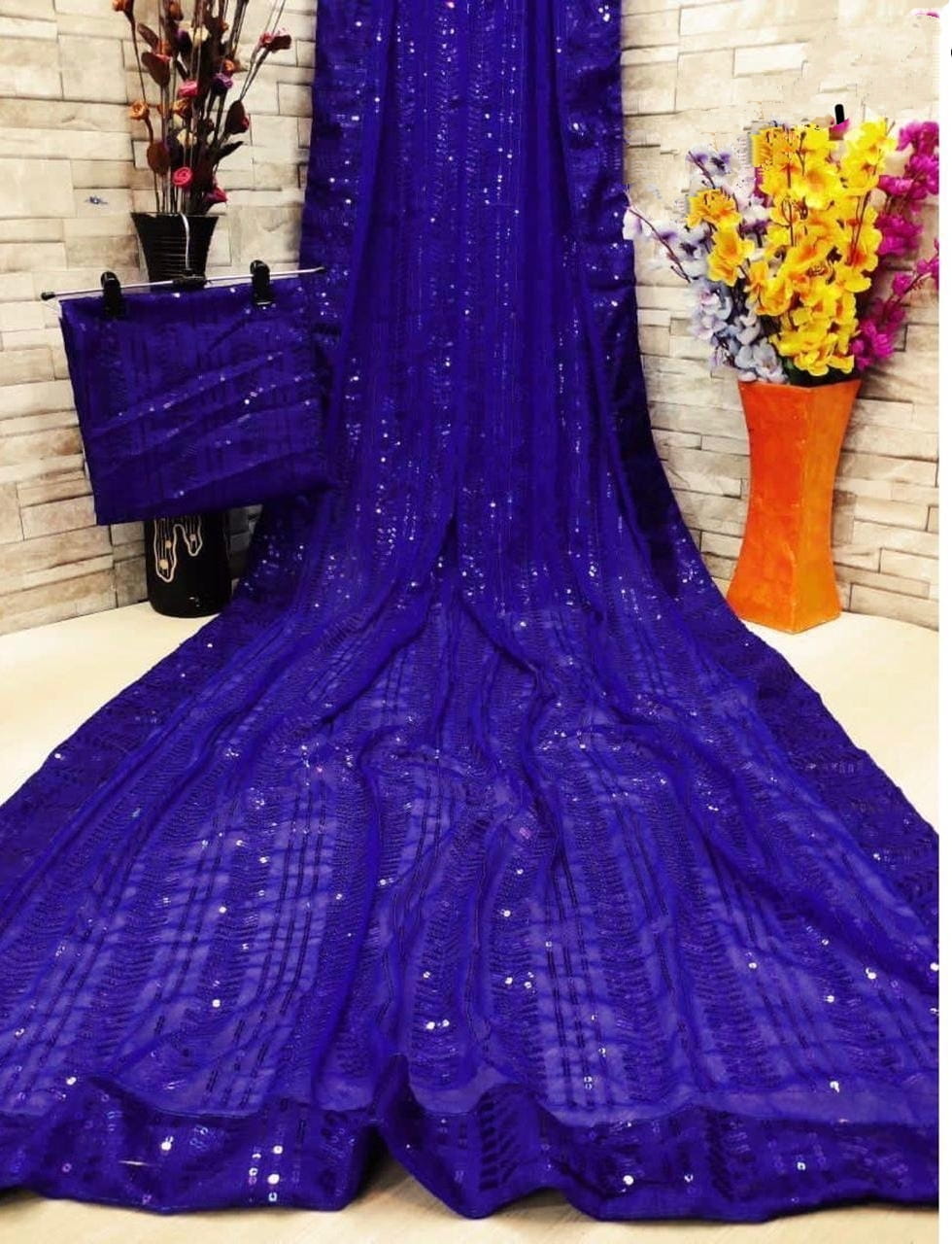 Navy Blue Color Party Wear Full Sequence Work Designer Georgette Designer Saree Blouse