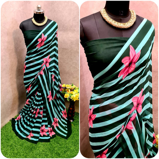 Dark Green Color Festive Wear Sibori Printed All Over Georgette Designer Saree Blouse