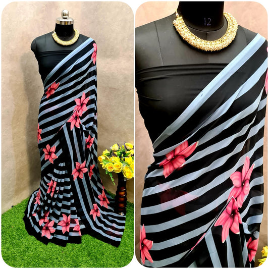 Black Color Party Wear Georgette Designer All Over Sibori Printed Designer Saree Blouse