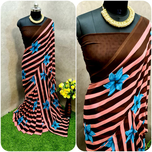 Brown Color Fancy Georgette Sibori All Over Printed Designer Saree Blouse