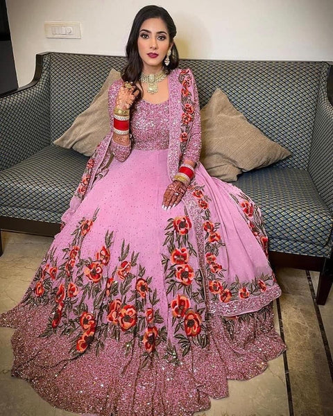 Captivation Pink Color Wedding Wear Sequence Stone Work Georgette Suit