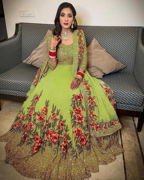 Decent Green Color Georgette Embroidered Work Salwar Suit For Women