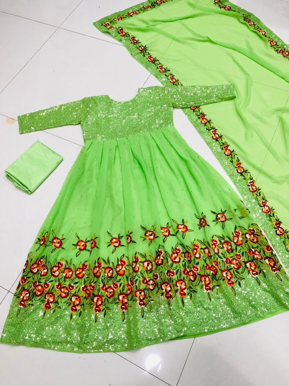 Decent Green Color Georgette Embroidered Work Salwar Suit For Women