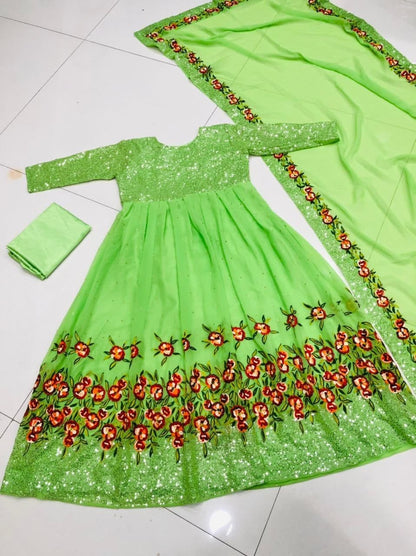 Decent Green Color Georgette Embroidered Work Salwar Suit For Women