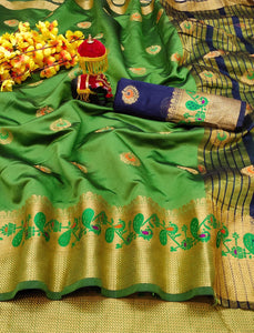 Green Color Wedding Wear Soft Lichi Silk Weaving Border Butta Work Designer Saree Blouse