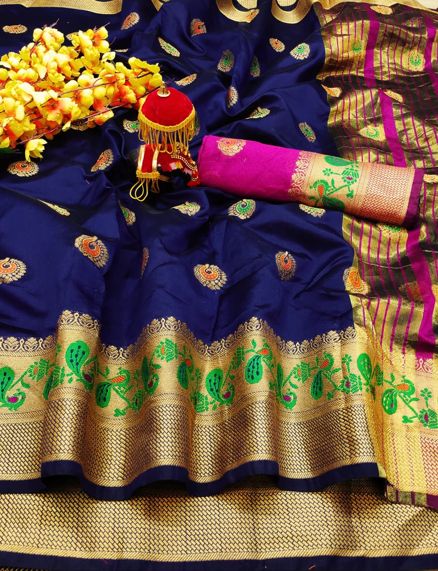 Royal Blue Color Occasion Wear Soft Lichi Silk Weaving Butta Work Border Designer Saree Blouse