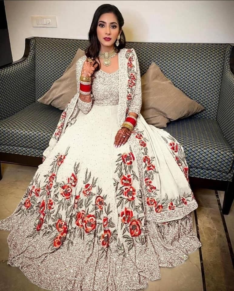 Dazzling White Color Georgette Embroidered Stone Work Salwar Suit