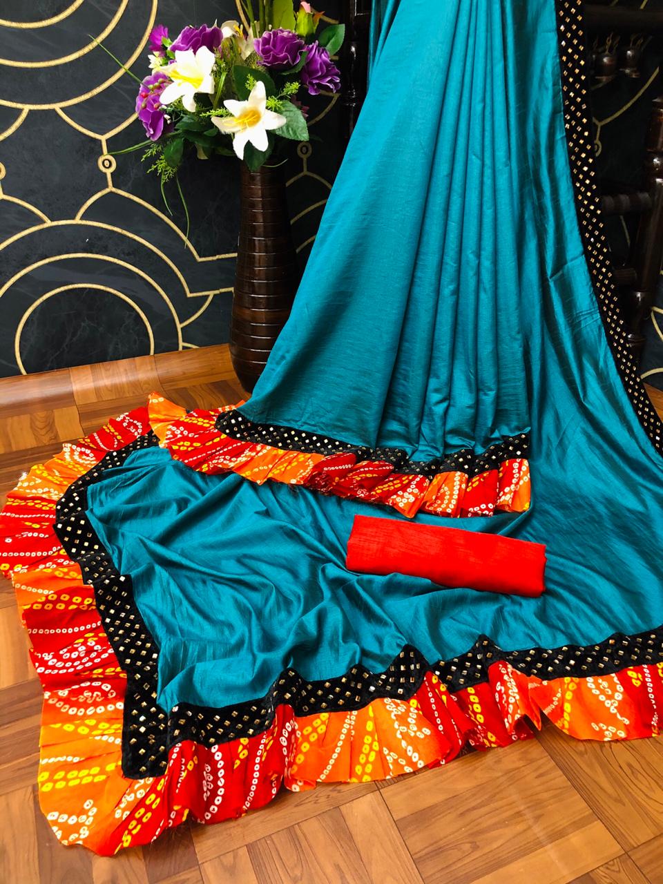 Sky Blue Color Festive Wear Full Diamond Work Black Ruffle Border Sana Silk Designer Saree Blouse