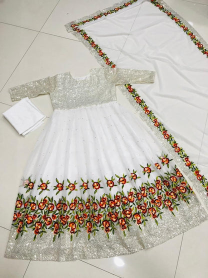 Dazzling White Color Georgette Embroidered Stone Work Salwar Suit