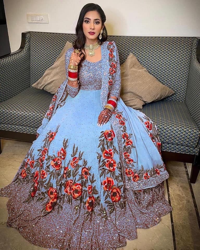 Pleasance Blue Color Embroidered Sequence Function Wear Georgette Salwar Suit