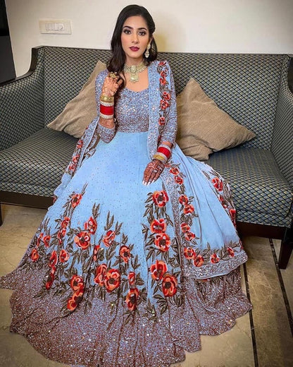 Pleasance Blue Color Embroidered Sequence Function Wear Georgette Salwar Suit