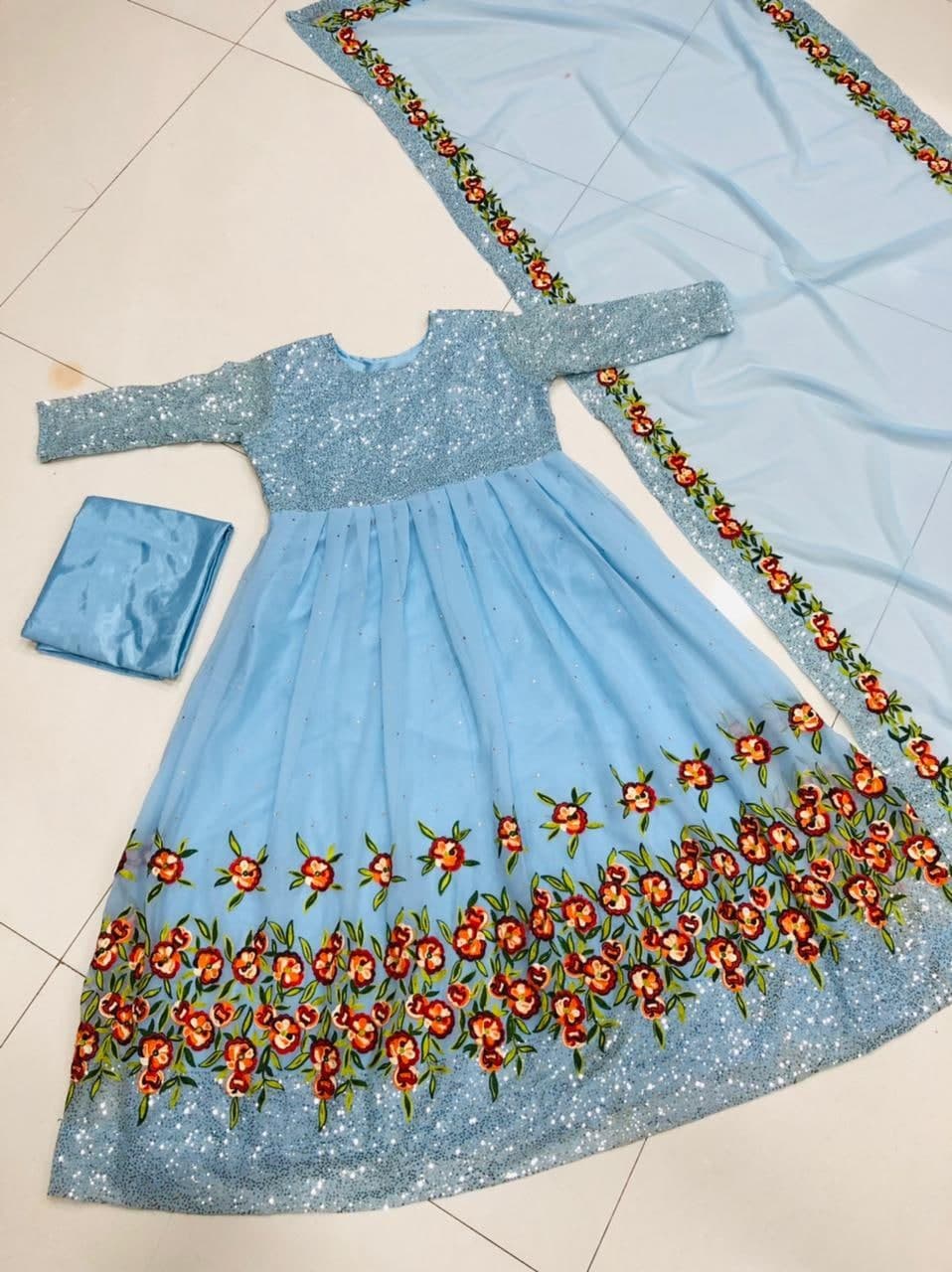 Pleasance Blue Color Embroidered Sequence Function Wear Georgette Salwar Suit