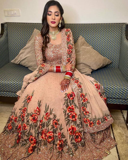 Desirable Peach Color Festival Wear Sequence Embroidered Work Salwar Suit For Ladies