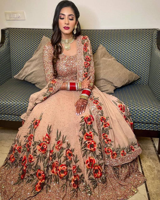 Desirable Peach Color Festival Wear Sequence Embroidered Work Salwar Suit For Ladies