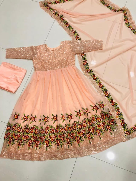 Desirable Peach Color Festival Wear Sequence Embroidered Work Salwar Suit For Ladies
