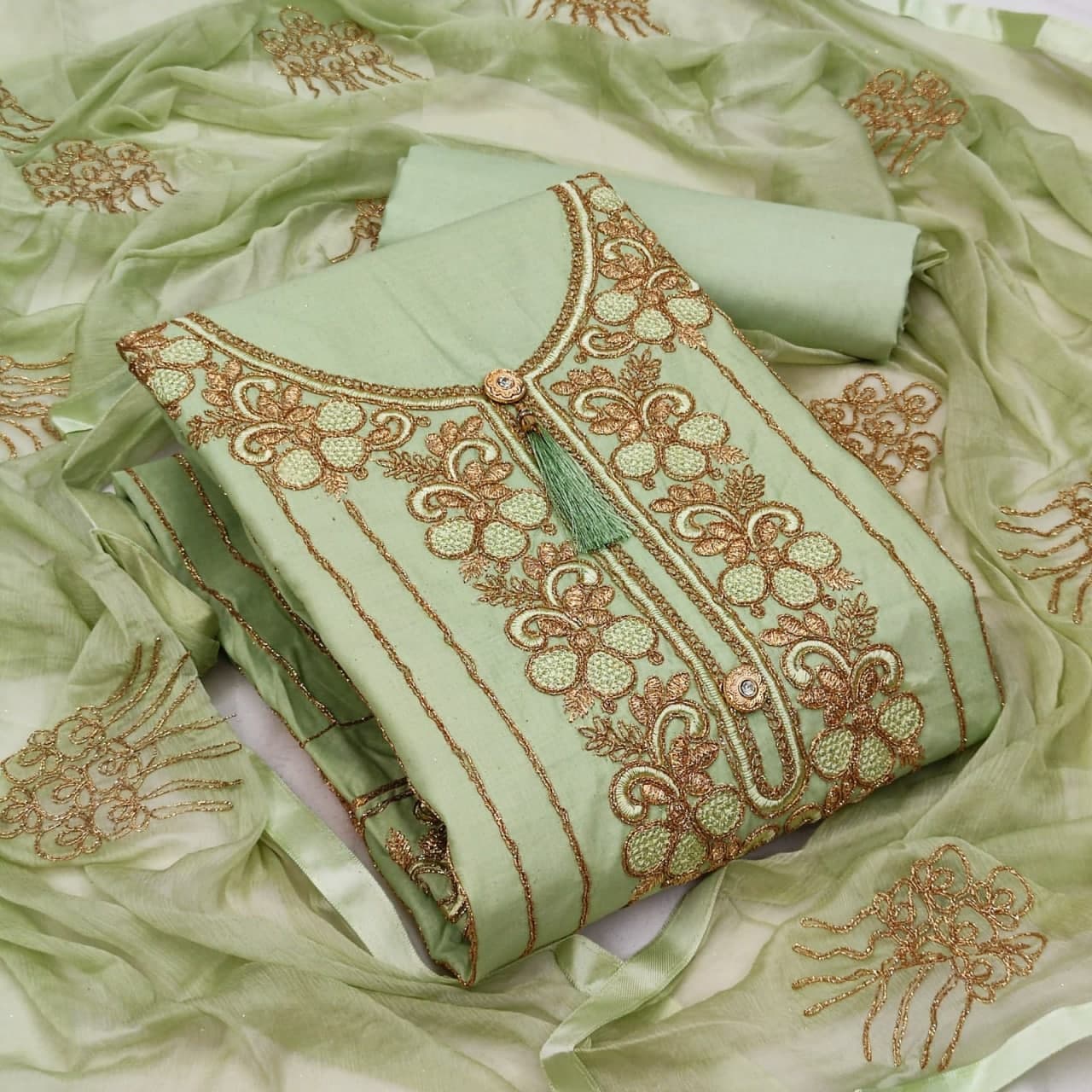 Graceful Green Color Casual Wear Embroidered Work Cotton Salwar Suit