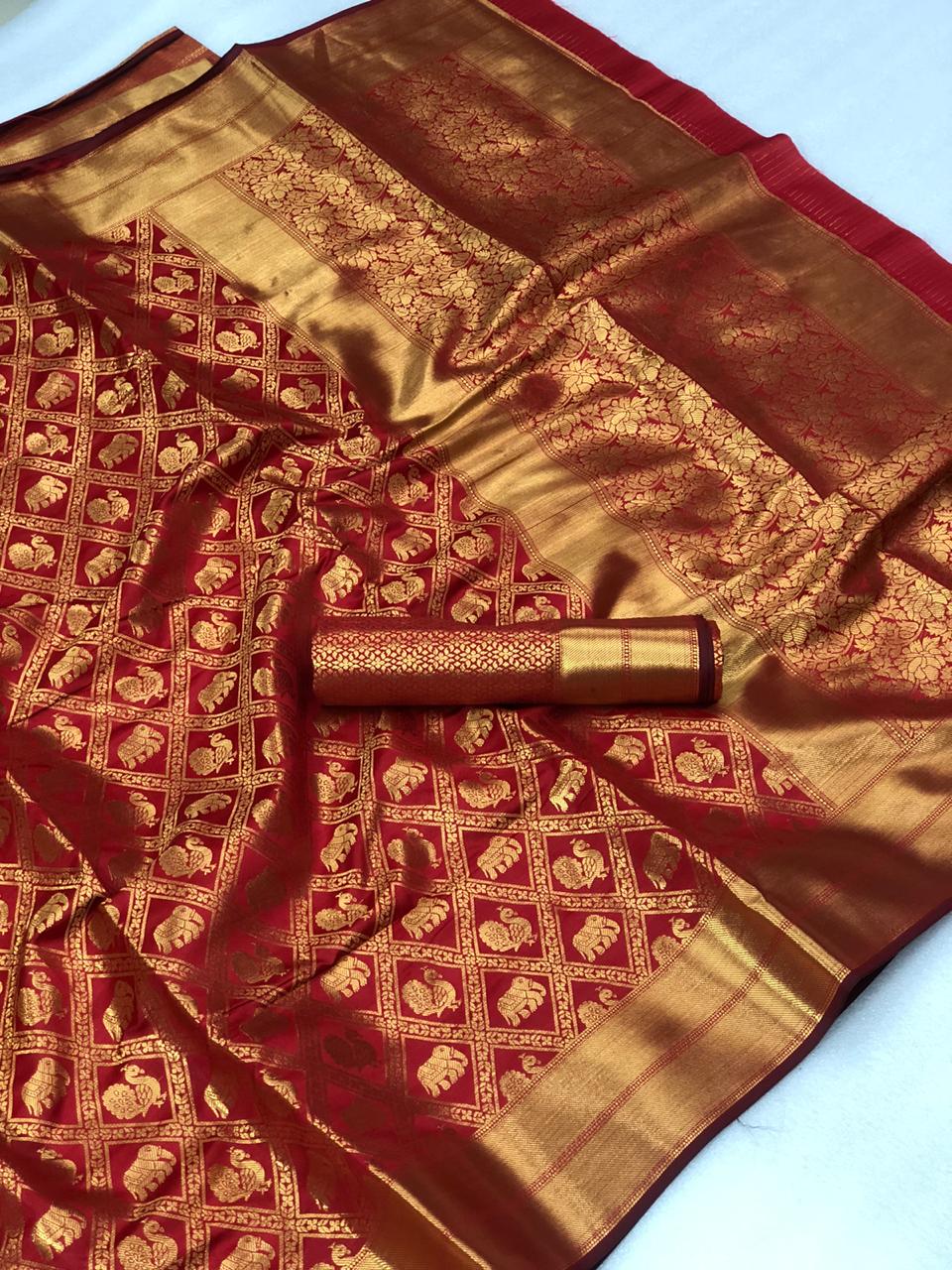 Maroon Color Designer Banarasi Silk Jacquard Minakari Butta Work Rich Pallu Designer Saree Blouse