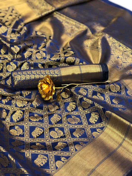 Party Wear Navy Blue Color Designer Minakari Butta Jacquard Work Silk Banarasi Designer Saree Blouse