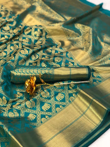Rama Green Color Occasion Wear Banarasi Silk Fancy Minakari Butta Jacquard Work Designer Saree Blouse