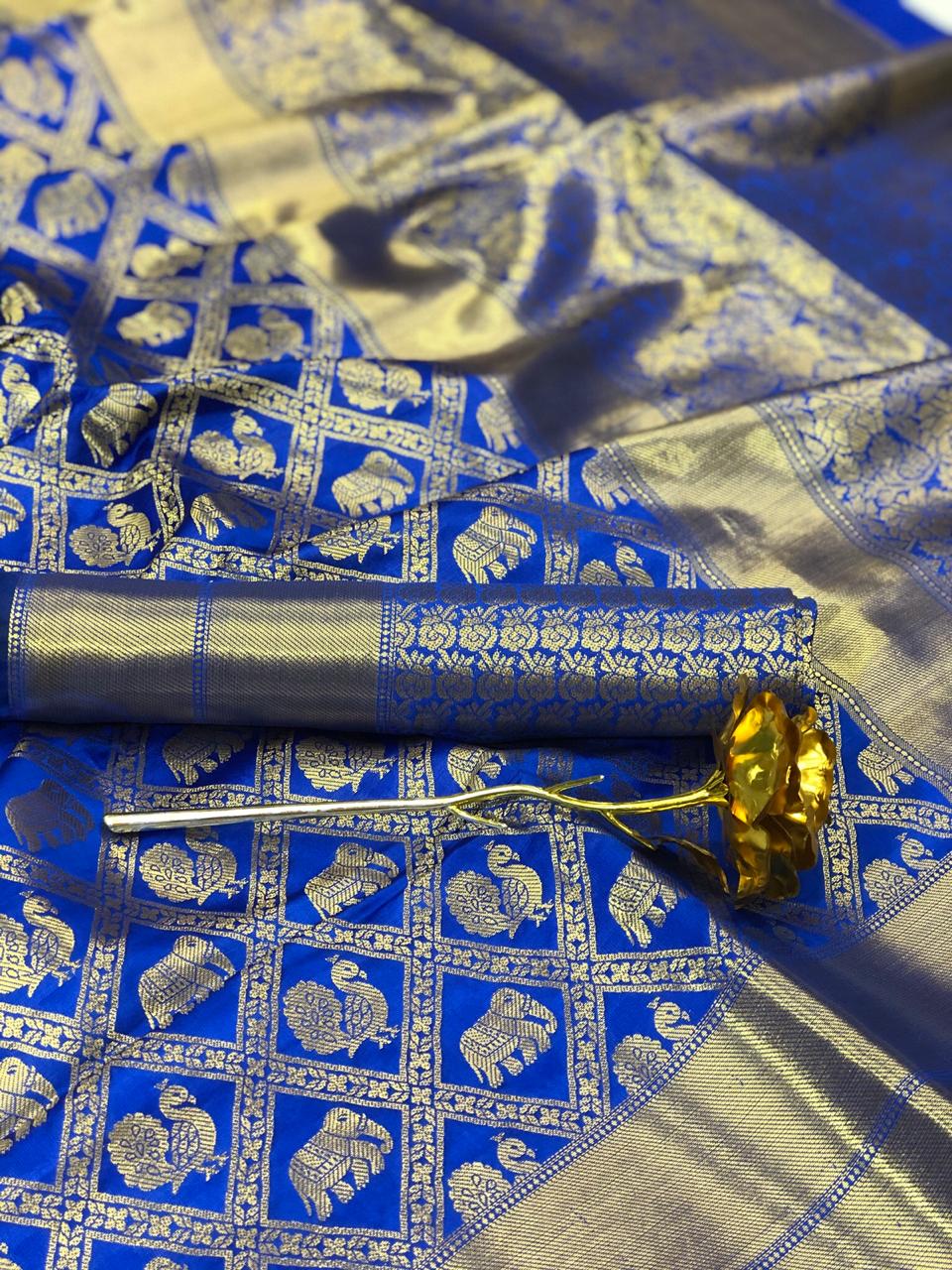 Royal Blue Color Party Wear Designer Jacquard Minakari Butta Work Silk Banarasi Designer Saree Blouse