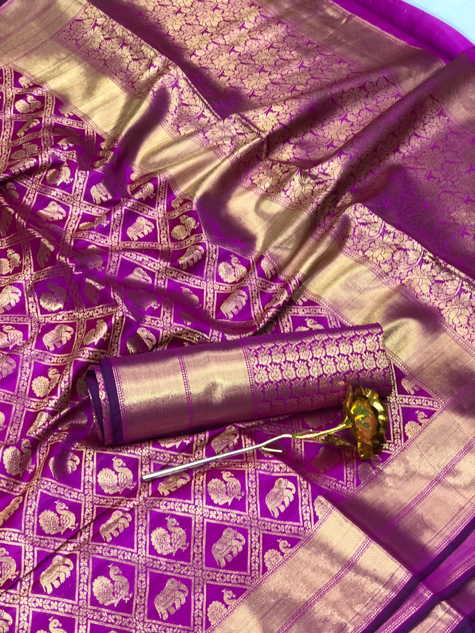 Violet Color Rich Pallu Jacquard Minakari Work Banarasi Silk Designer Saree Blouse