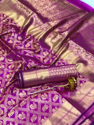 Violet Color Rich Pallu Jacquard Minakari Work Banarasi Silk Designer Saree Blouse