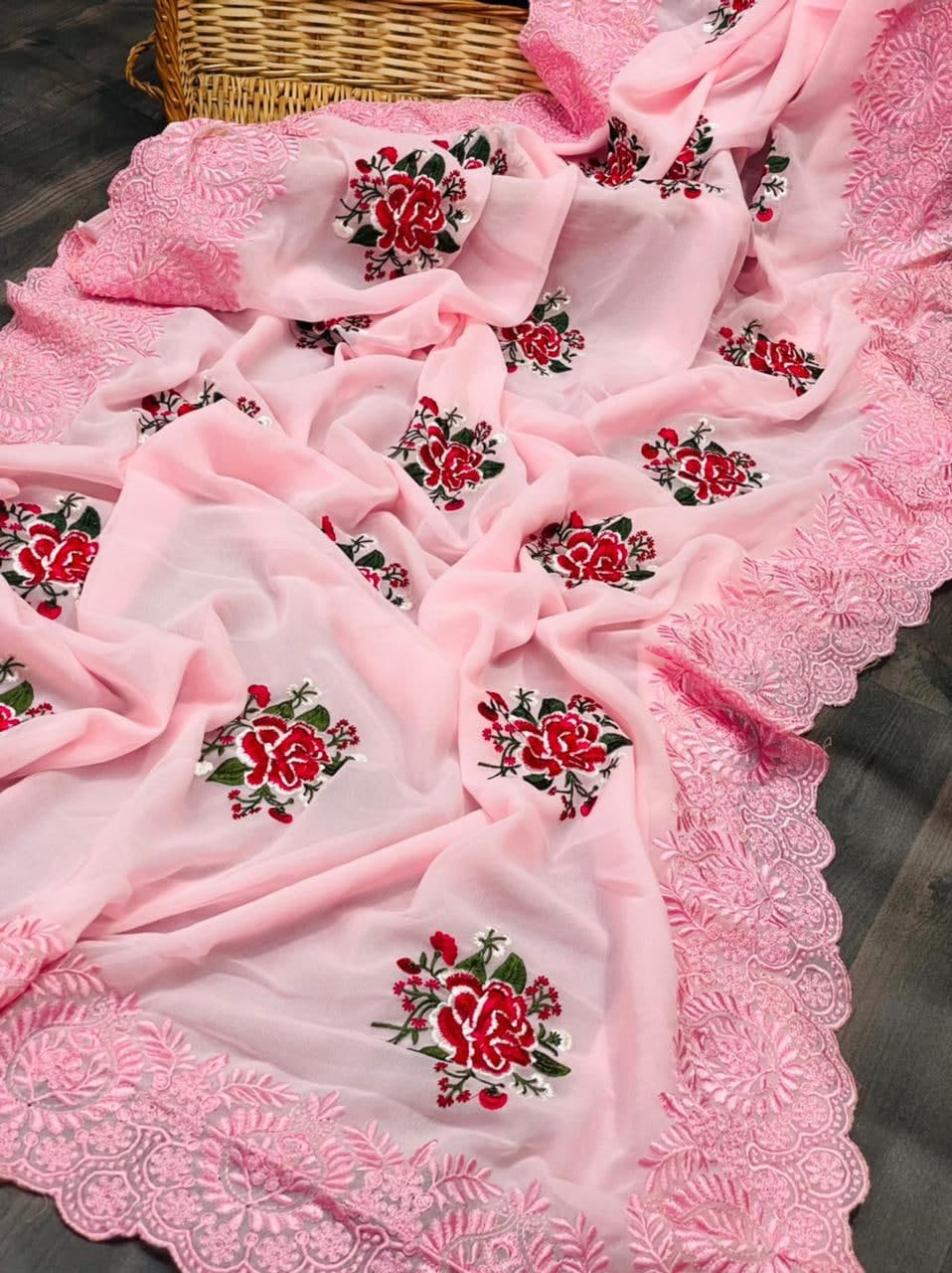 Radiant Pink Color Festive Wear Silk Georgette Cut Work Saree Blouse