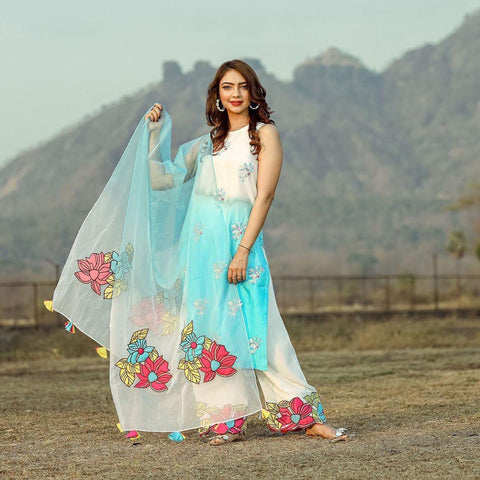 White Color Full Stitched Taffeta Silk Designer Digital Printed Plazo Salwar Suit