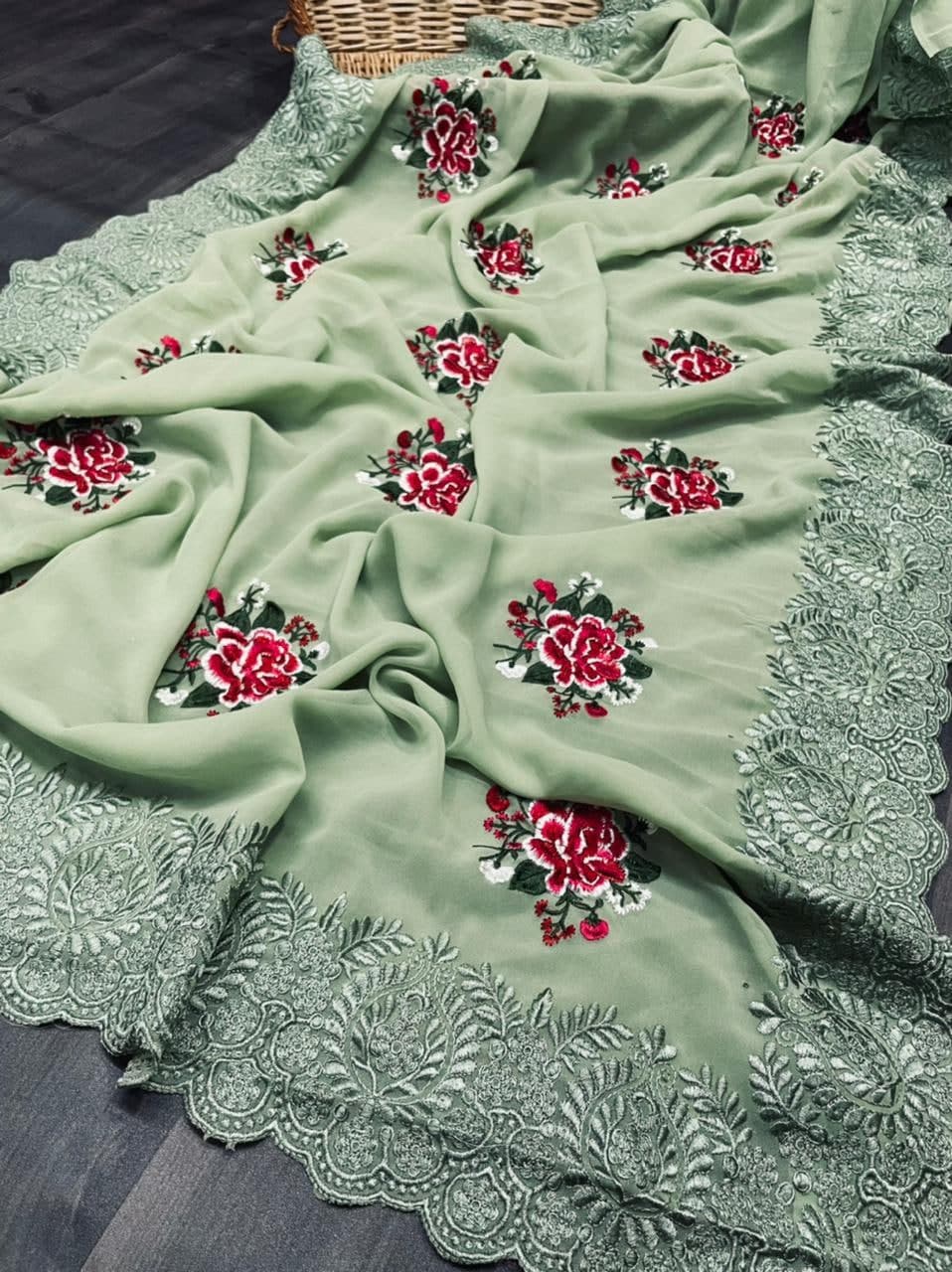 Desirable Sea Green Color Casual Wear Georgette Silk Flower Design Cut Thread Work Saree Blouse