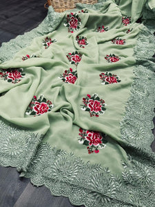 Desirable Sea Green Color Casual Wear Georgette Silk Flower Design Cut Thread Work Saree Blouse