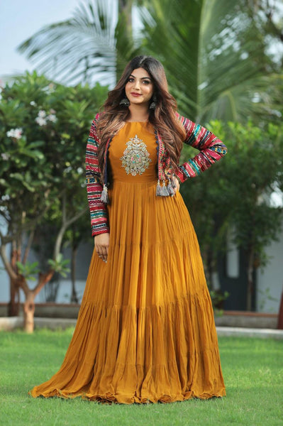 Party Wear Mustard Yellow Georgette Full Flair Ready Made Gown