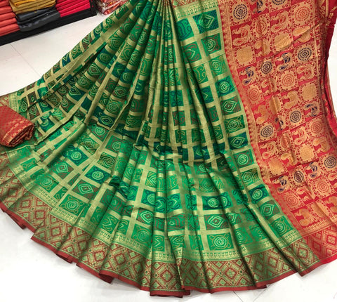 Dark Green Color Party Wear Lichi Soft Silk Jacquard Zari Weaving Designer Saree Blouse