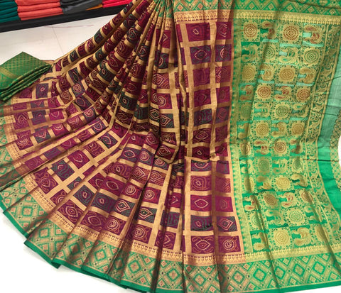 Wine Color Fancy Weaving Jacquard Zari Rich Pallu Lichi Soft Silk Designer Saree Blouse