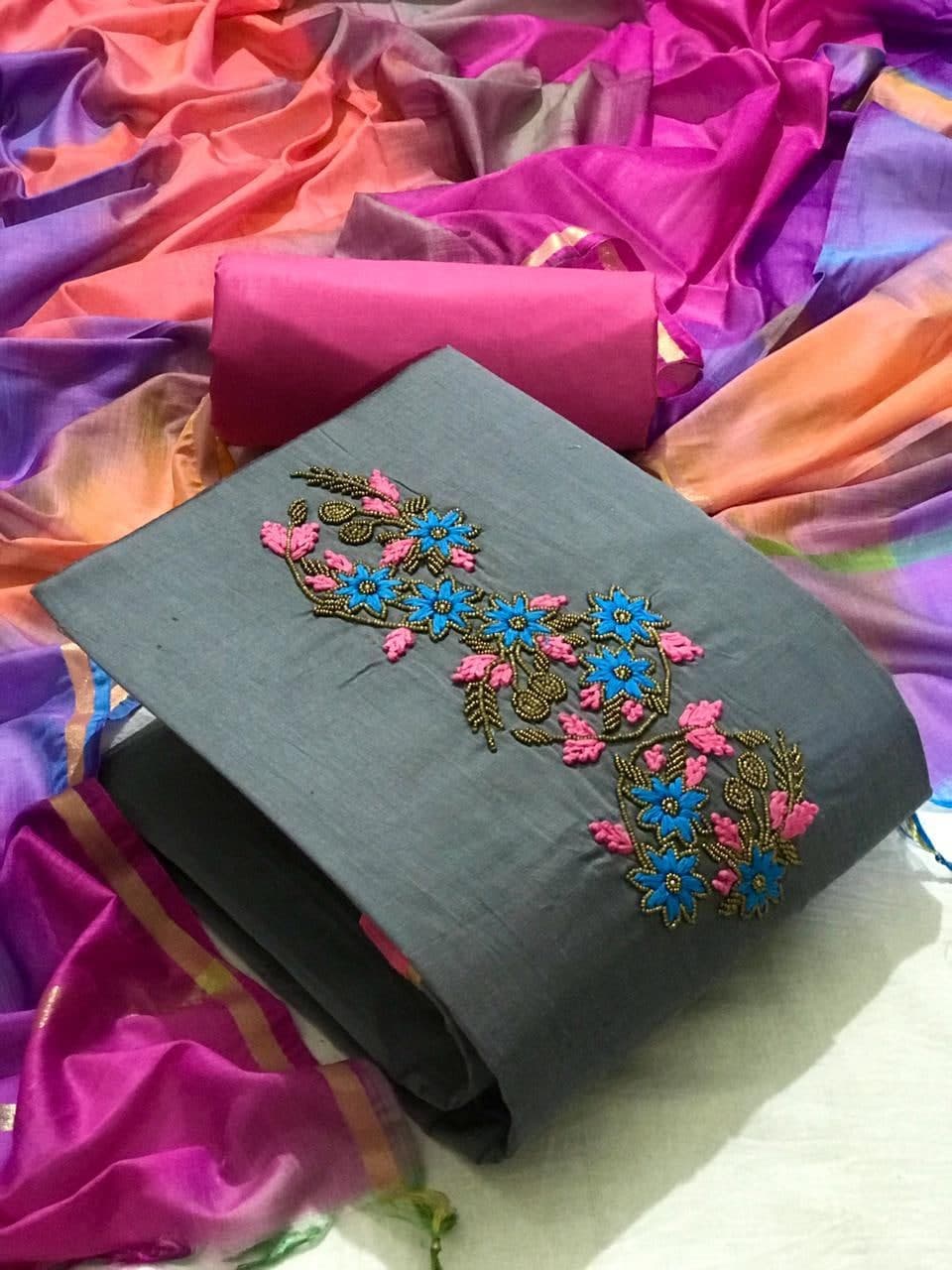 Grey Color Cotton Hand Work Party Wear Salwar Suit