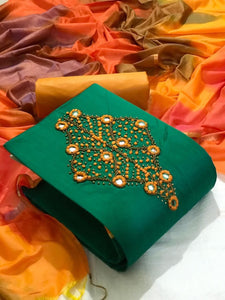 Engrossing Green Color Designer Hand Work Cotton Salwar Suit For Women