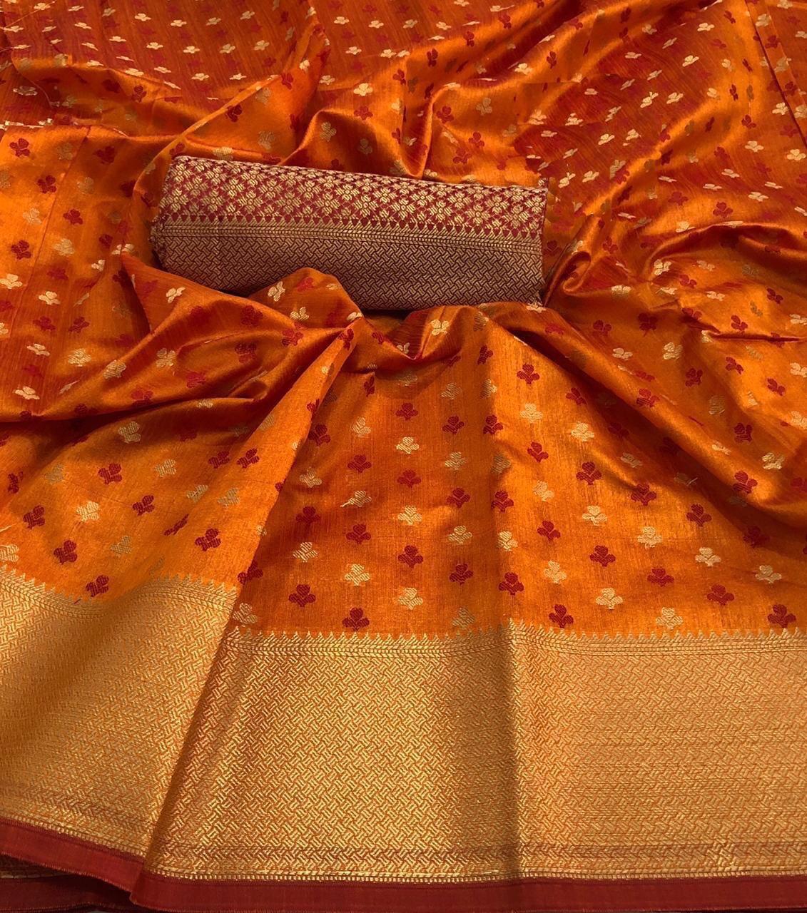 Orange Color Party Wear Crystal Silk Grand Pallu Zari Work Designer Saree Blouse