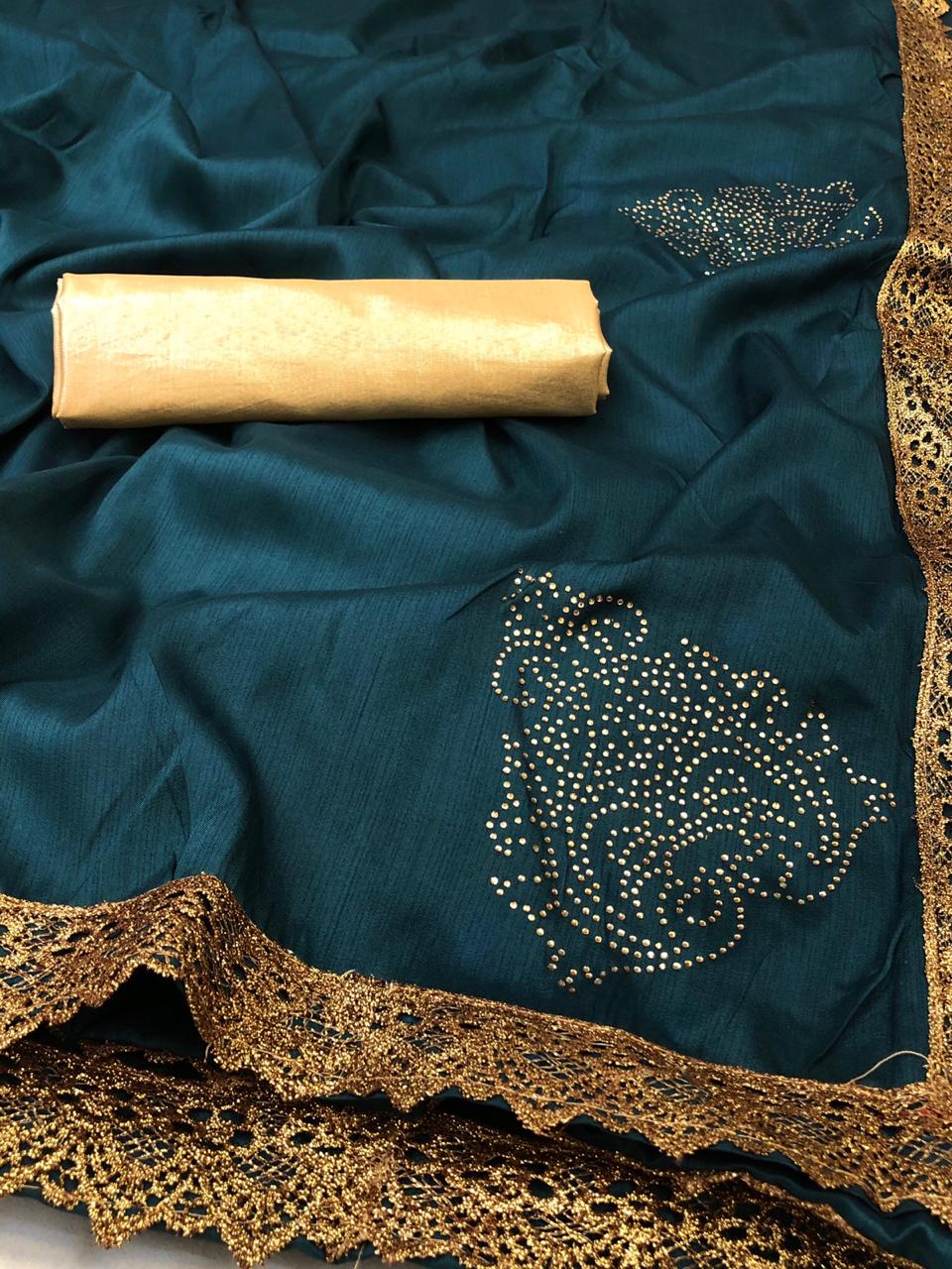 Dark Rama Color Festive Wear Soft Zeron Silk Designer Embroidered Copper Chifly Lace Work Fixed Diamond Butta Pallu Designer Saree Blouse