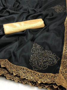 Black Color Party Wear Fixed Diamond Butta Pallu Copper Chifly Silk Embroidered Lace Work Designer Saree Blouse