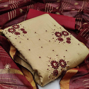 Marvelous Cream Color Festive Wear Cotton Embroidered Work Salwar Suit