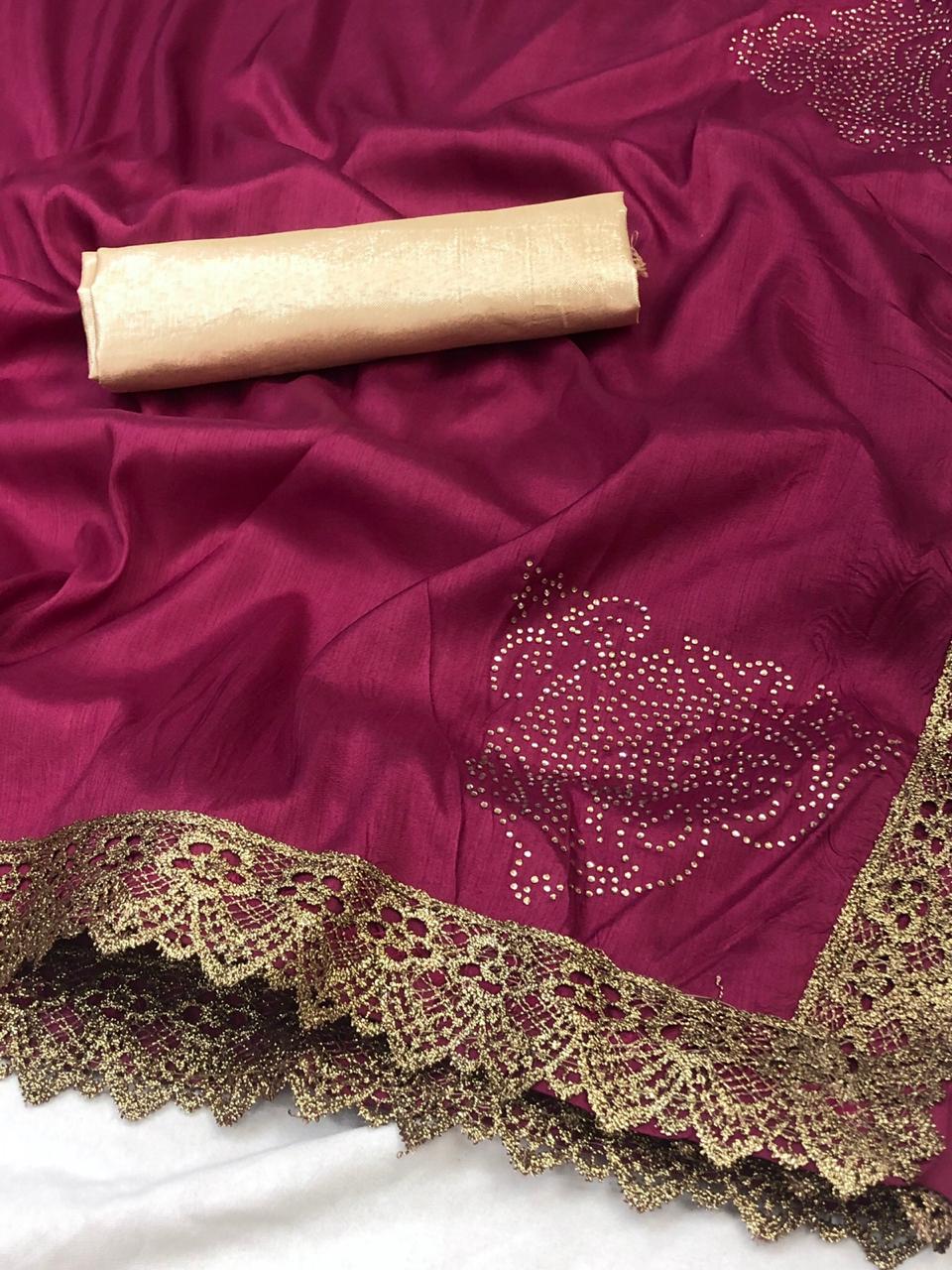Maroon Color Wedding Wear Copper Chifly Silk Embroidered Work Fixed Diamond Butta Pallu Designer Saree Blouse