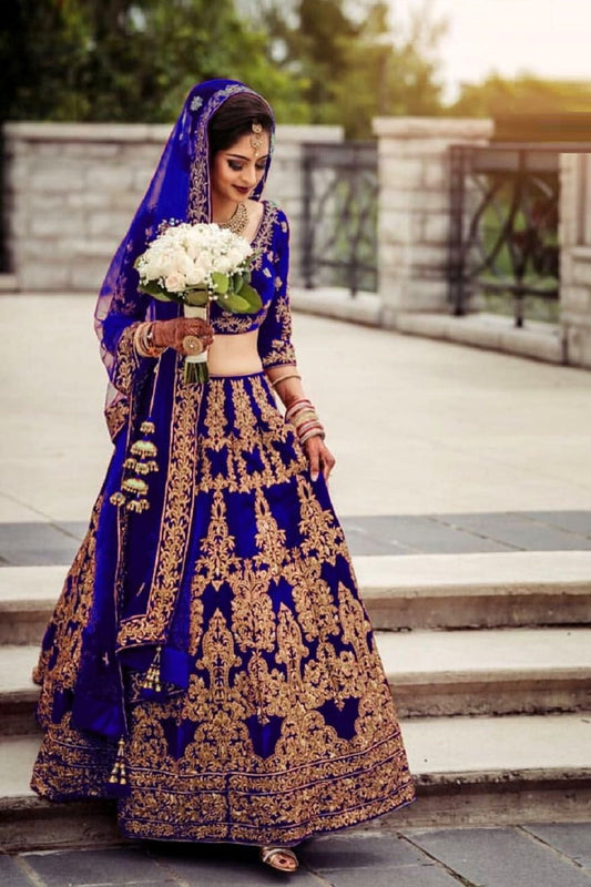 Royal Blue Color Designer Coding Embroidered Work Velvet Latest Design Lehenga Choli