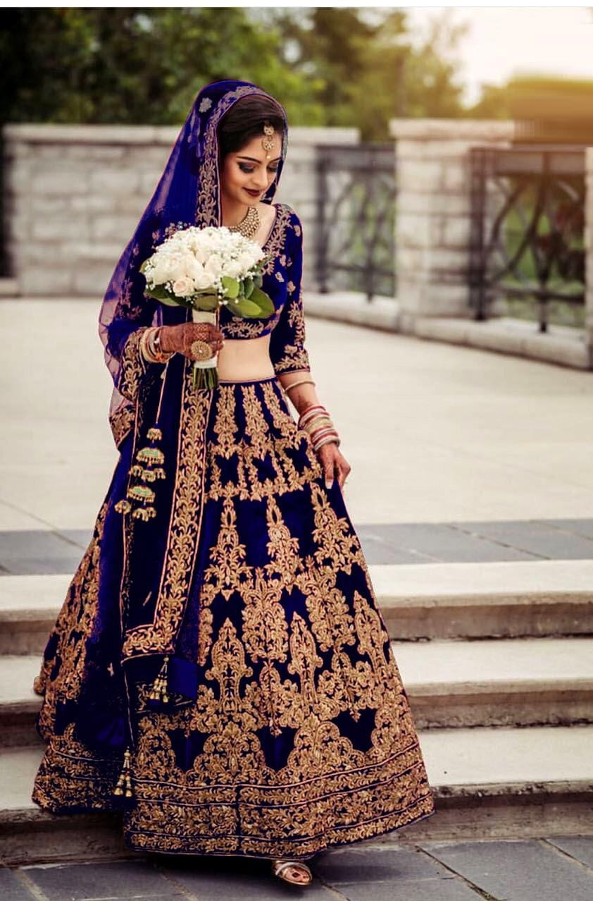 Navy Blue Color Bridal Wear Velvet Designer Embroidered Coding Work Latest Design Lehenga Choli